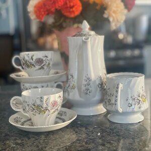 English Set of Teapot, Cup and Saucers and Sugar Bowl Crafted by Wood and Sons